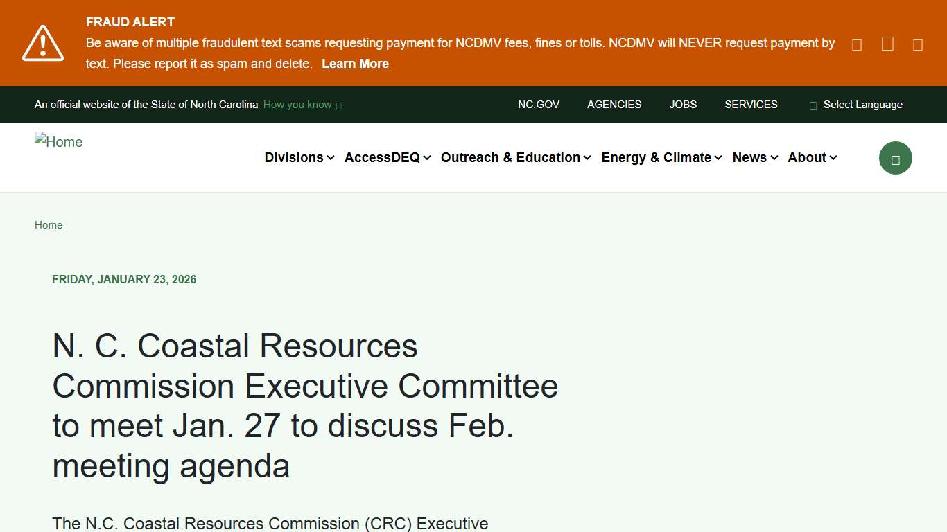 N. C. Coastal Resources Commission Executive Committee to meet Jan. 27 to discuss Feb. meeting agenda NC DEQ